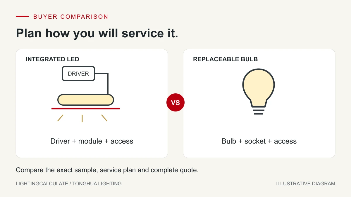 Integrated LED fixture with separate driver and LED module, compared with a fixture using a replaceable bulb.