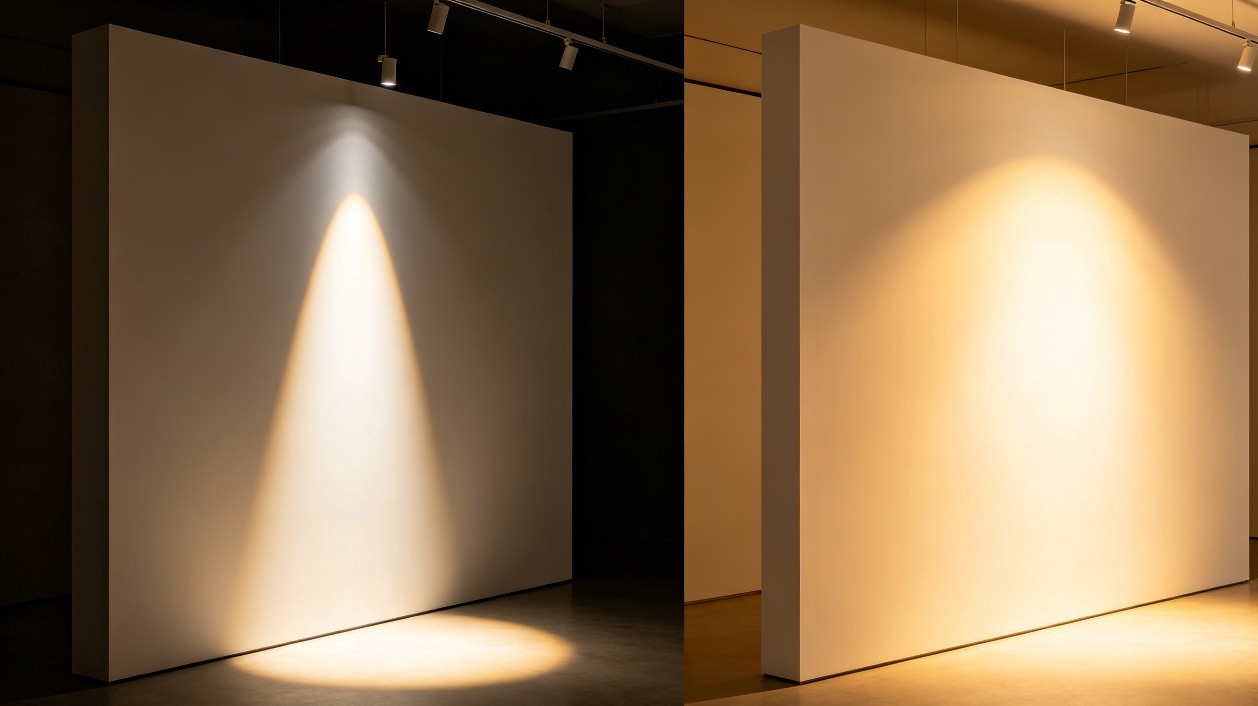 Side-by-side comparison of narrow spot beam vs wide flood beam on a wall