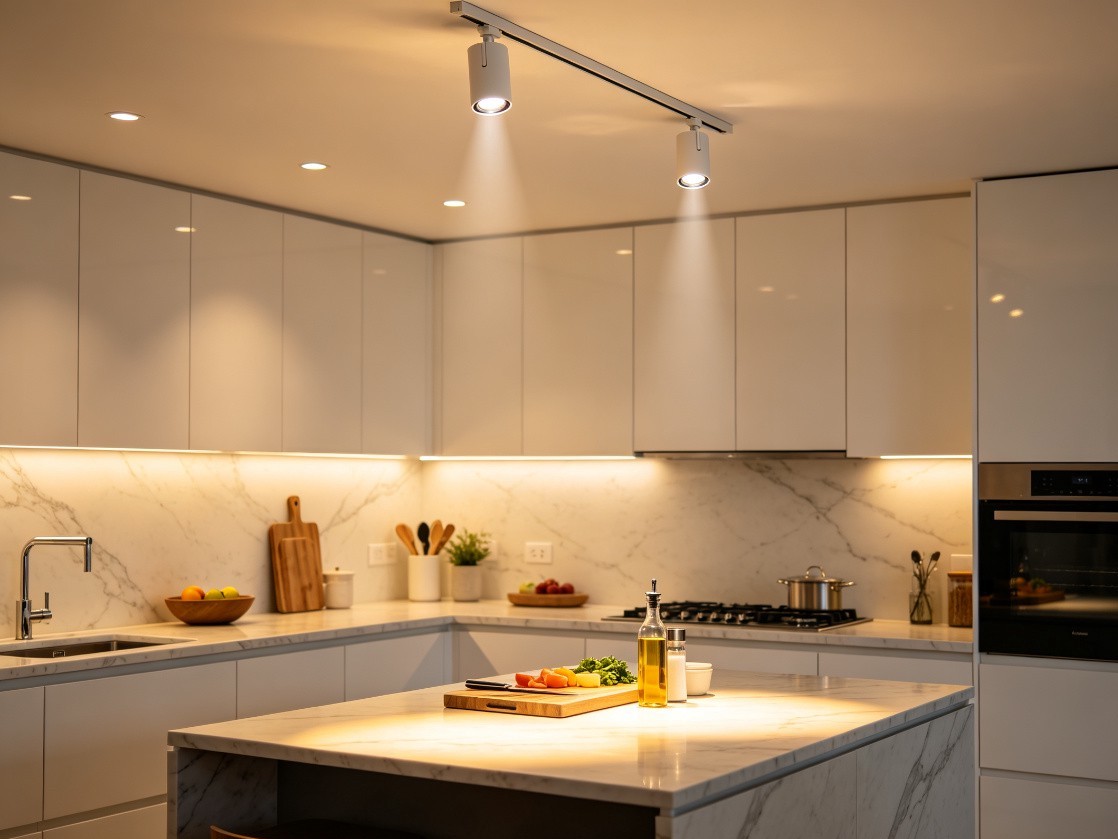Kitchen with focused LED spotlights creating task lighting pools on marble countertop
