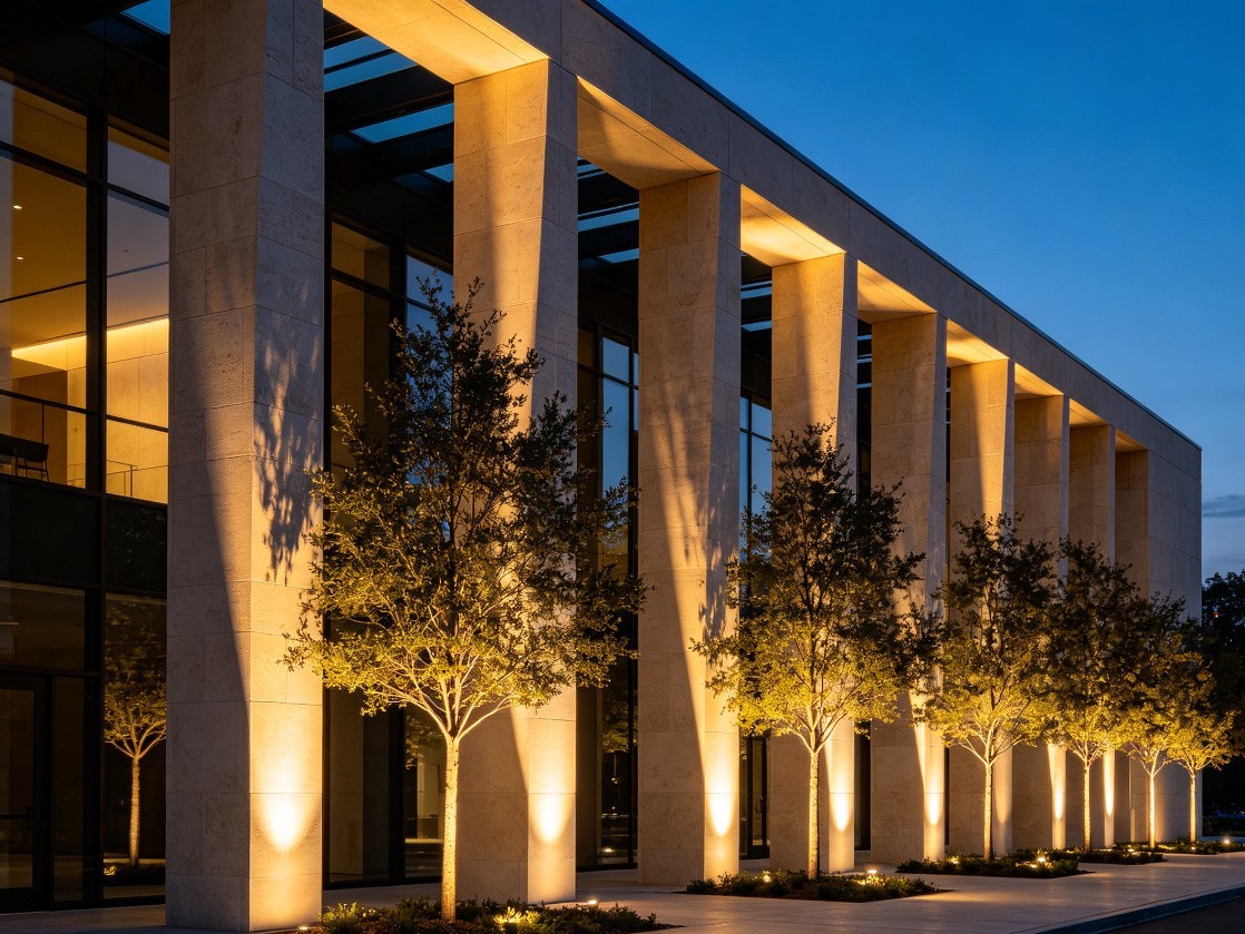 Building exterior at dusk with narrow beam LED uplights illuminating trees and stone columns