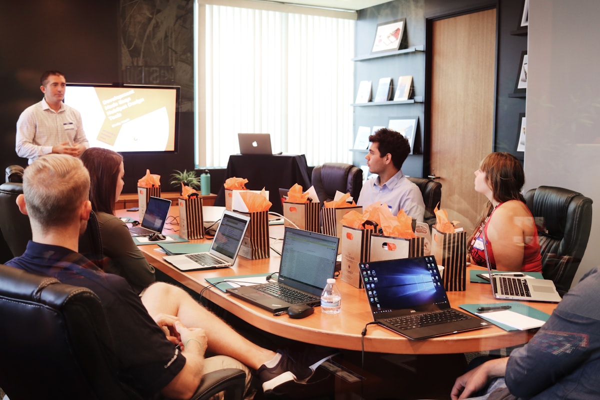 conference room with diffused daylight from windows and balanced interior lighting