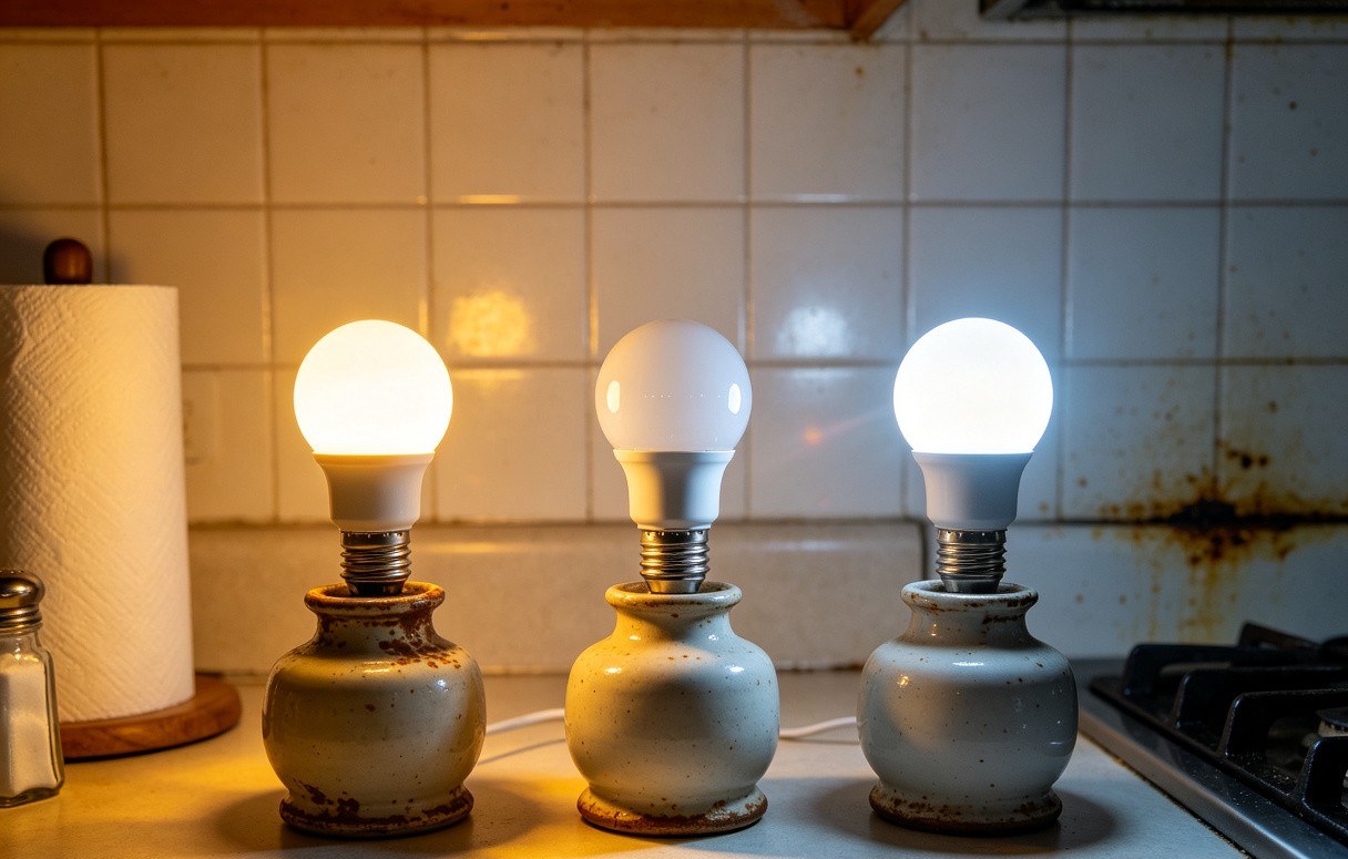 Color temperature comparison showing warm to cool kitchen island lighting