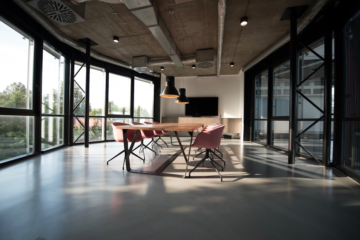 modern office interior with LED panel lighting and bright workspace