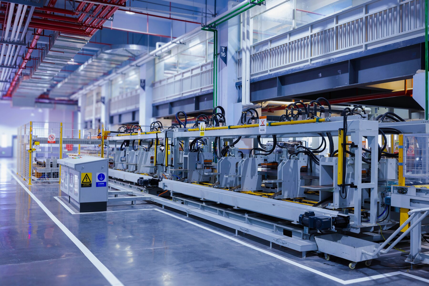 Factory floor with bright LED production line lighting