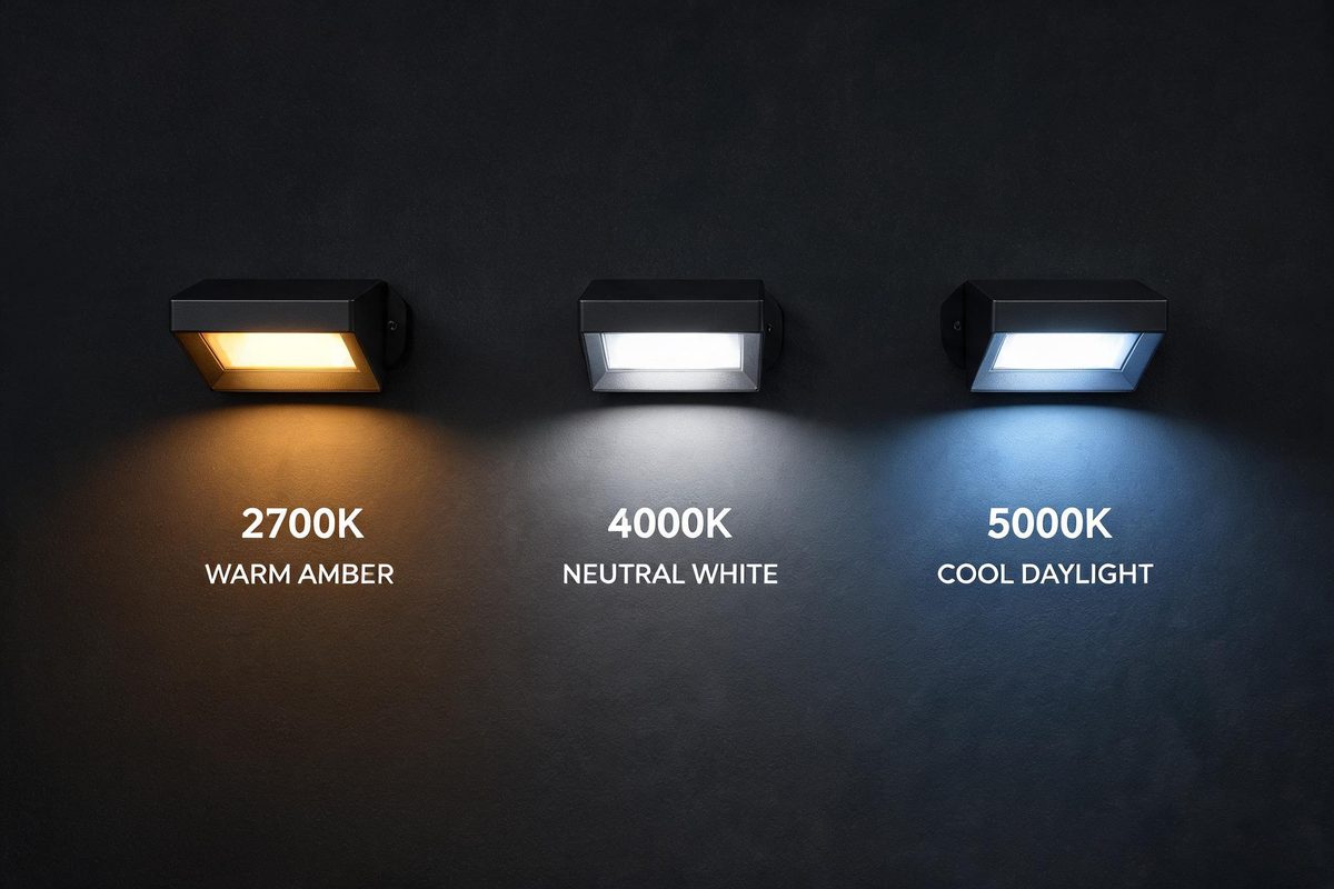LED color temperature comparison showing warm 2700K neutral 4000K and cool 5000K outdoor lighting options