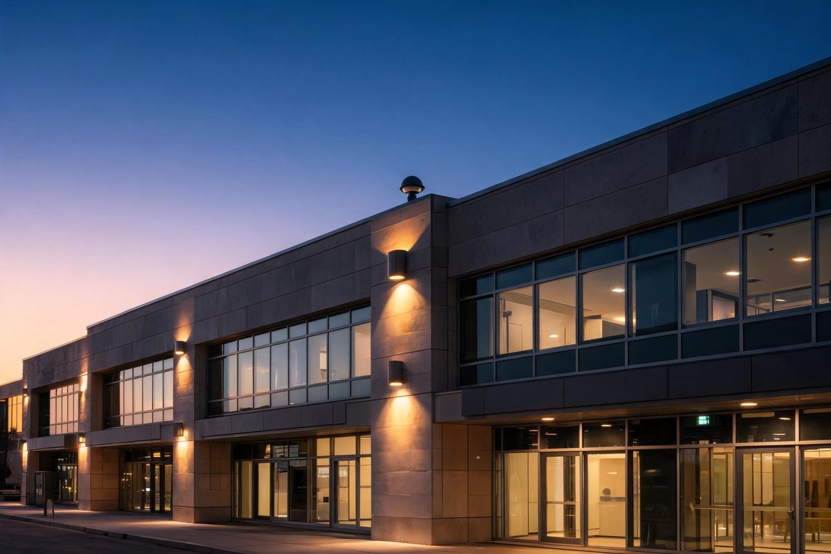 Commercial building exterior at dusk with outdoor LED fixtures automatically turning on via photocell sensor