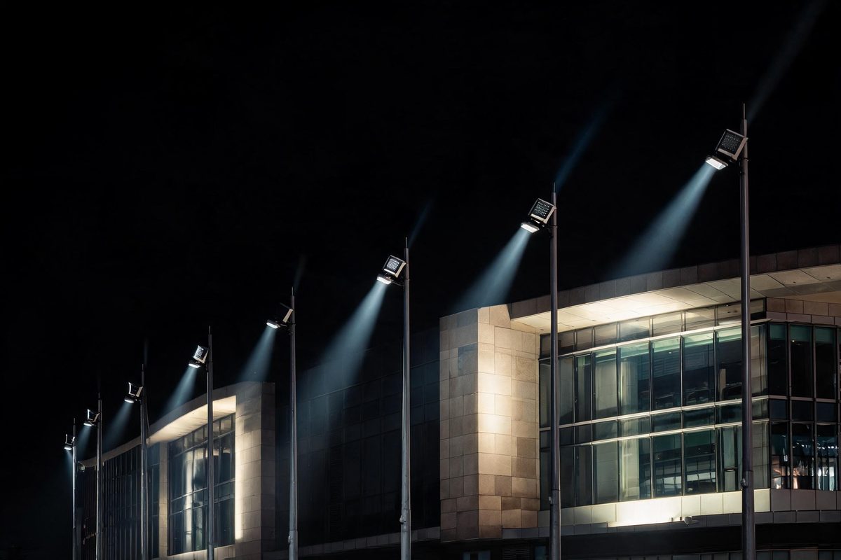 LED flood light lighting commercial building facade at night with narrow beam distribution