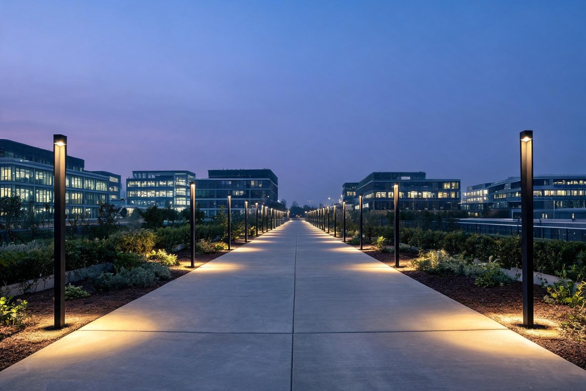Commercial outdoor post lighting fixtures lighting walkway and entrance area
