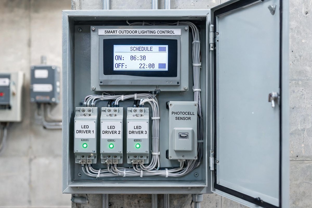 Smart outdoor lighting control system with LED driver programmable timer and photocell sensor module