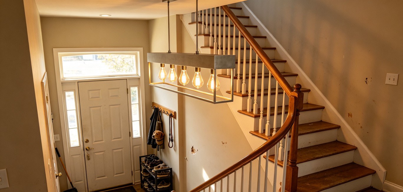 Multi-tier chandelier hanging at correct one-third to two-thirds height in a two-story stairwell