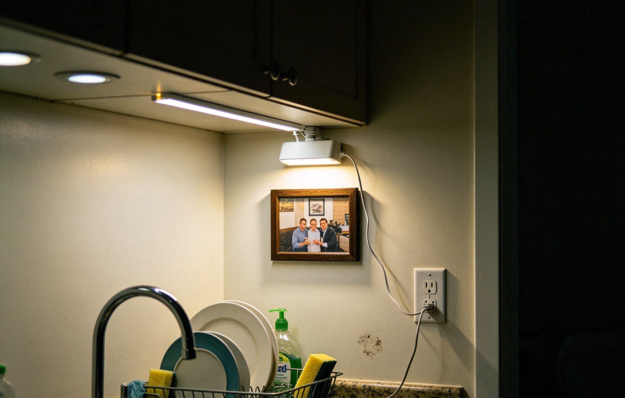 Modern kitchen demonstrating three-layer lighting with ambient ceiling task under-cabinet and accent lighting