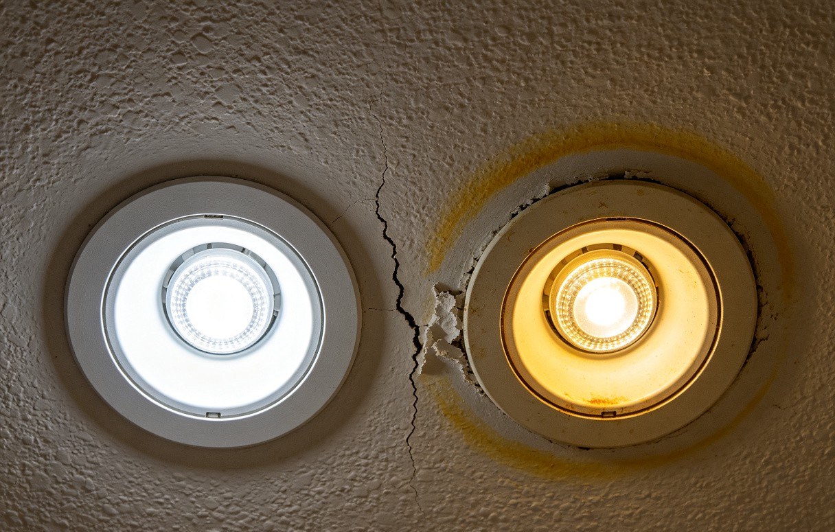 LED recessed downlights in a ceiling showing lumen depreciation between new and aged fixtures