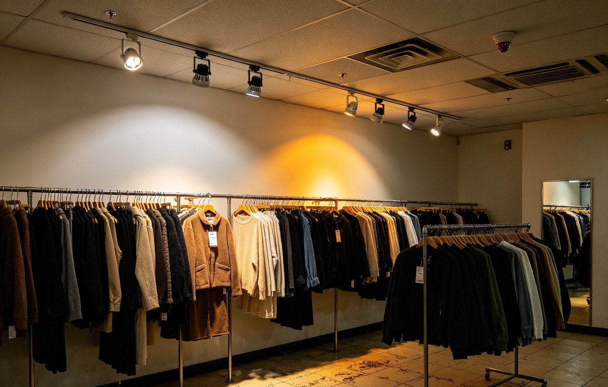 Clothing retail store with premium LED track lighting at 50 footcandles and 3500K color temperature
