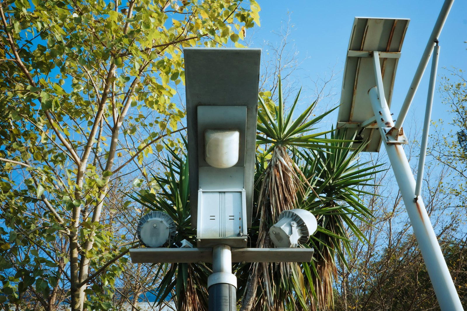 Solar-powered street light with sensor mounted on a pole against a blue sky