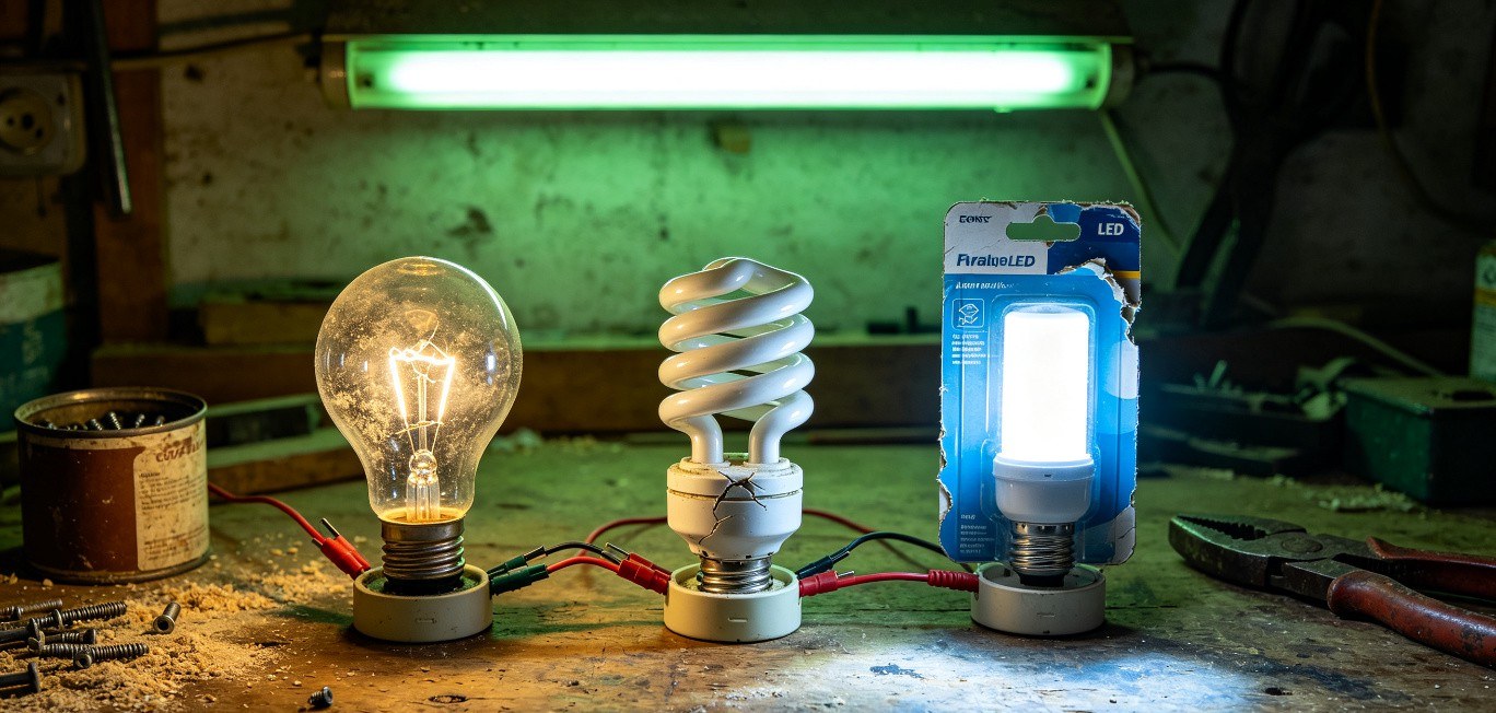 LED vs incandescent bulb comparison showing wattage and lumen differences