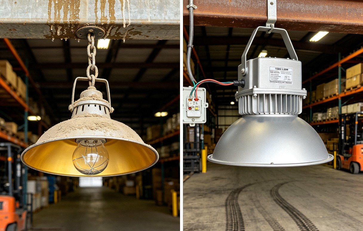 Warehouse lighting retrofit comparison showing metal halide vs LED high-bay fixtures