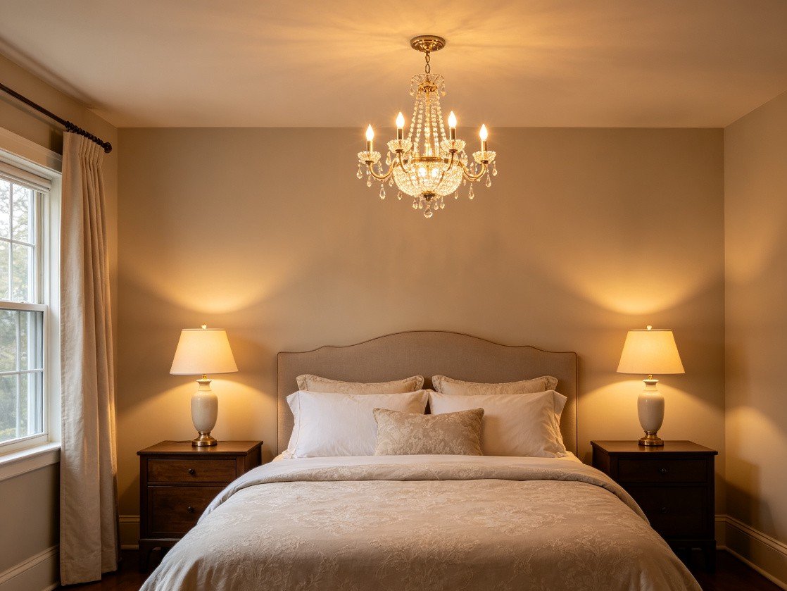Small elegant chandelier centered over bed in bedroom