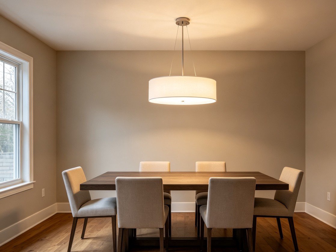 Drum-shade chandelier centered over rectangular dining table