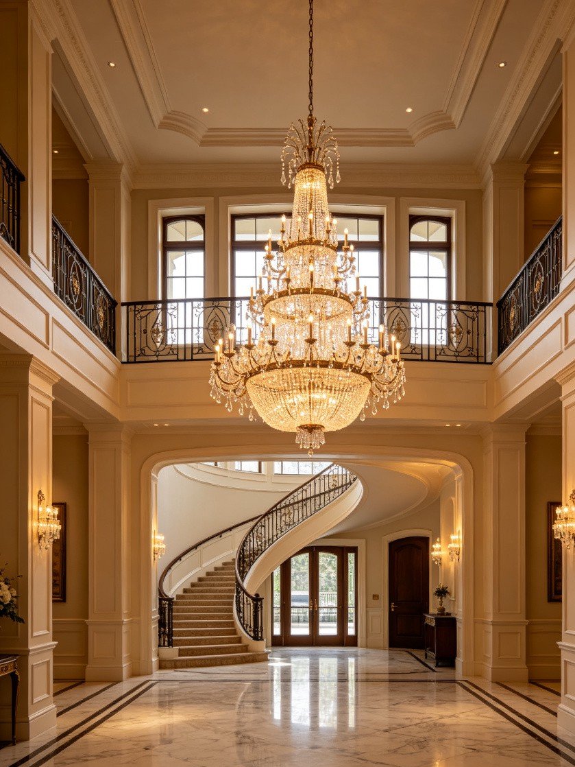 Multi-tier chandelier in two-story foyer entryway