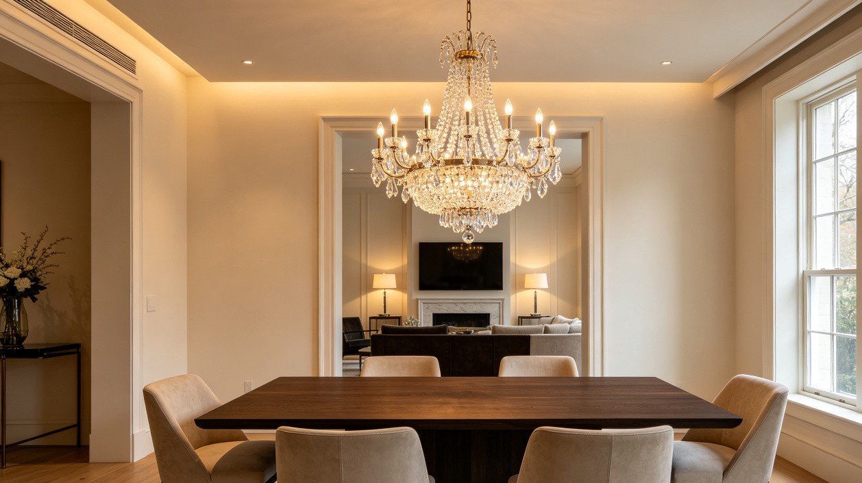 Crystal chandelier over dining table in modern dining room