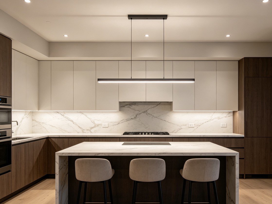 Linear pendant light fixture over kitchen island with marble countertop