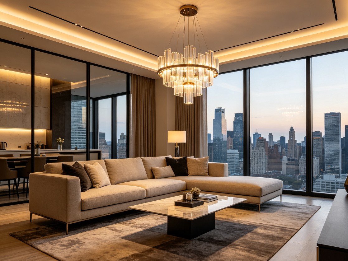 Contemporary chandelier over coffee table in modern living room