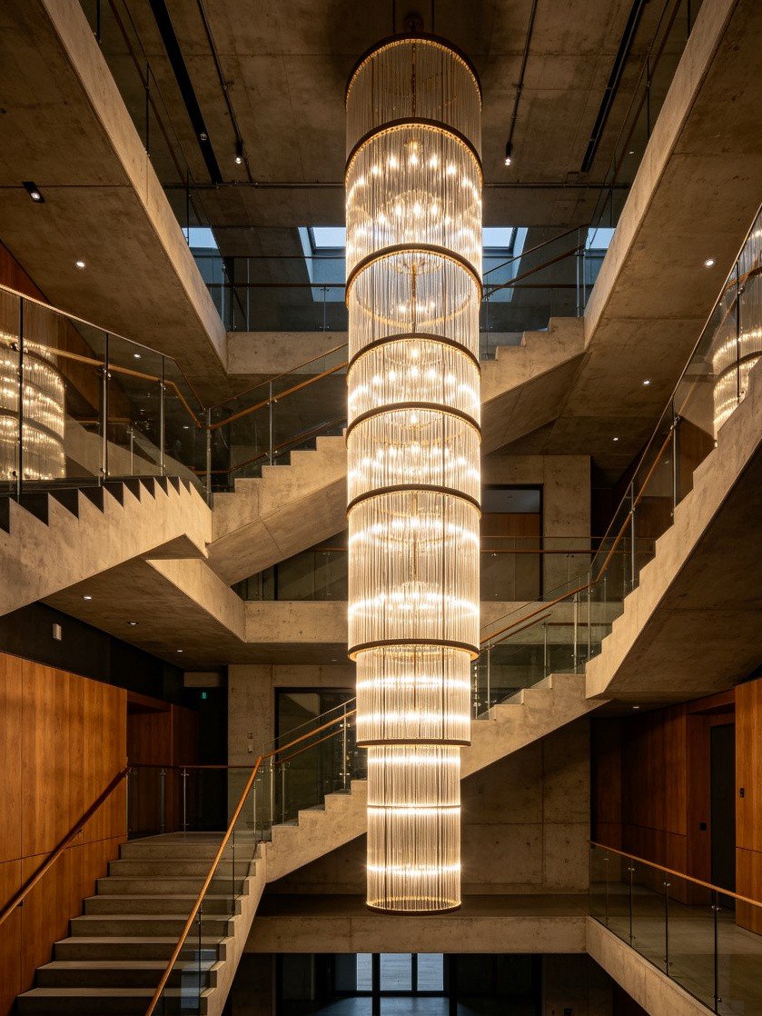Tall cylindrical chandelier in modern stairwell with glass railing
