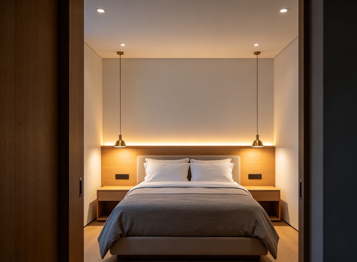 Contemporary bedroom with bedside pendant lights, perimeter downlights, and headboard LED backlight