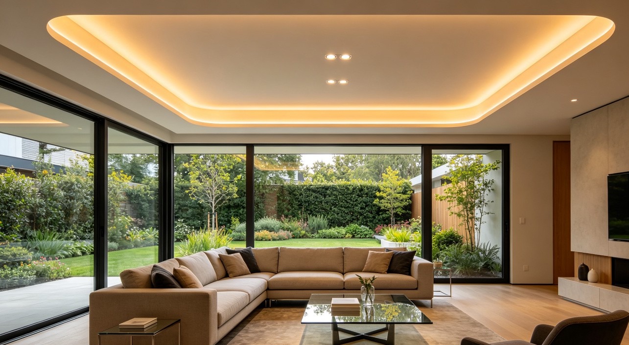 Three ceiling lighting types: cove ceiling with LED strips, flat ceiling with track lights, suspended ceiling with downlight grid