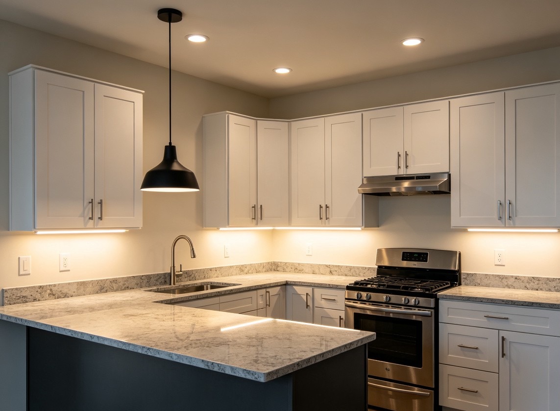 Modern kitchen with recessed downlights, under-cabinet LED strip, and island pendant light