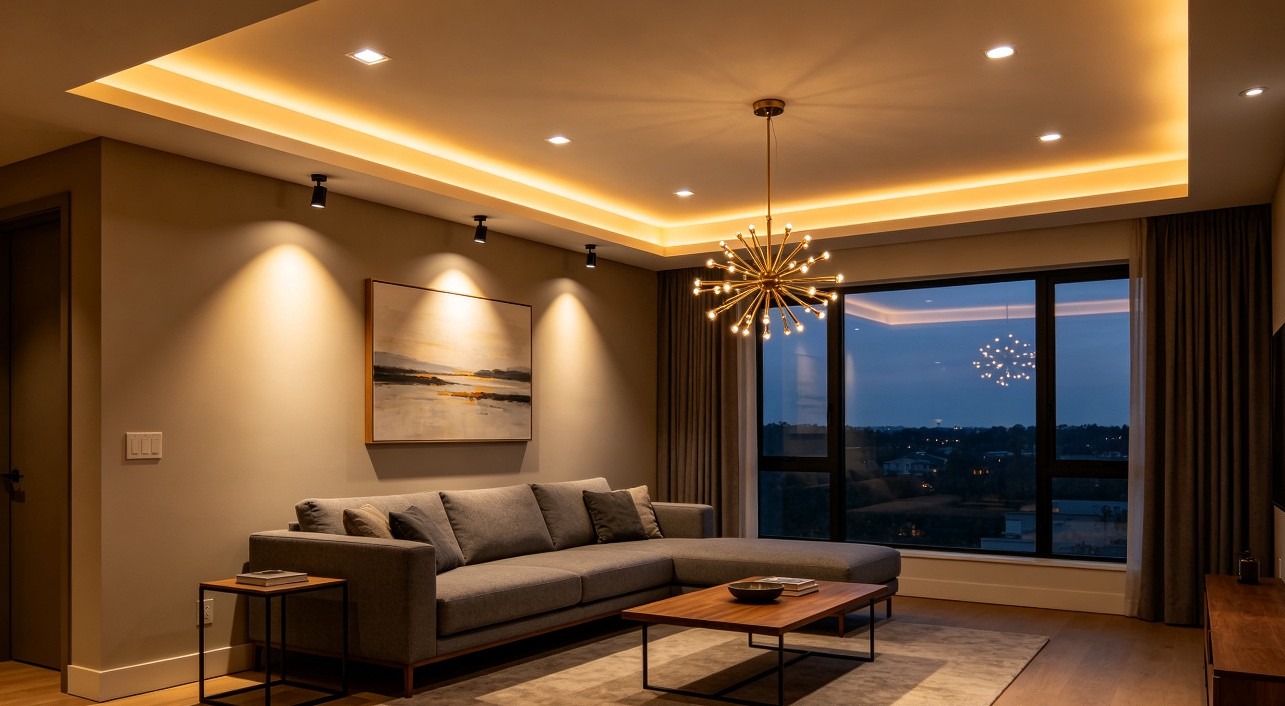 Modern living room with layered lighting: recessed downlights, adjustable spotlights, LED cove strip, and brass pendant