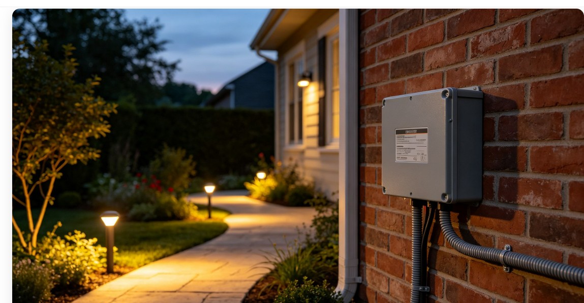 Low voltage landscape lighting transformer mounted on exterior wall with garden path lights