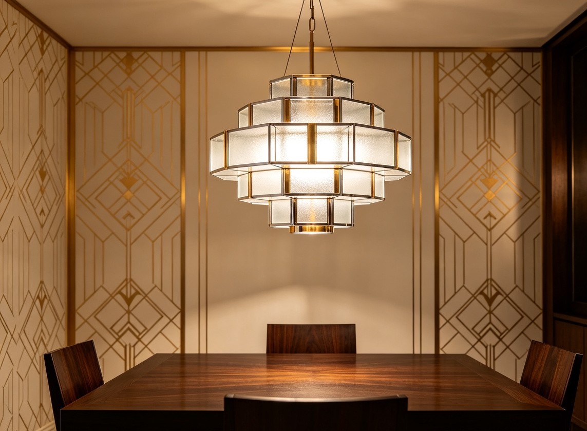 Art deco dining room with geometric chrome and frosted glass chandelier
