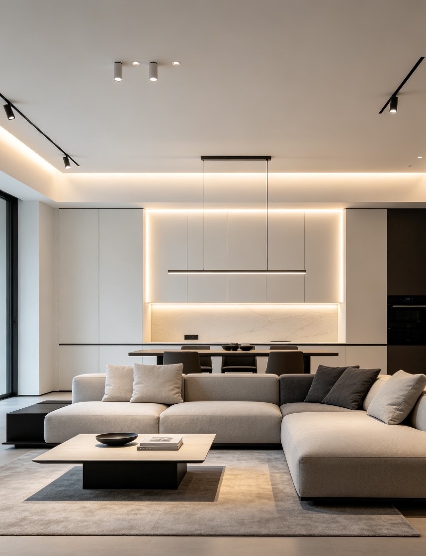 Contemporary living room with layered lighting design including magnetic track, cove lighting, and anti-glare spotlights