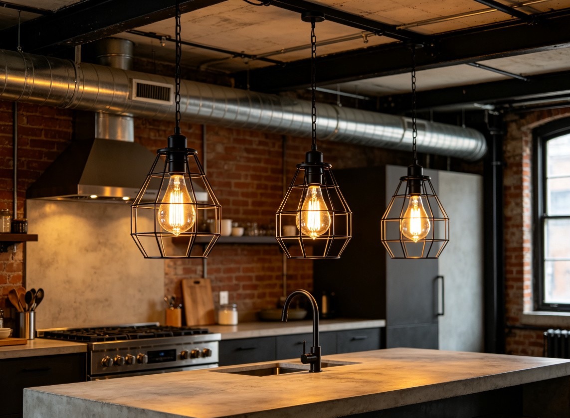Industrial loft kitchen with black metal cage pendant lights and Edison bulbs
