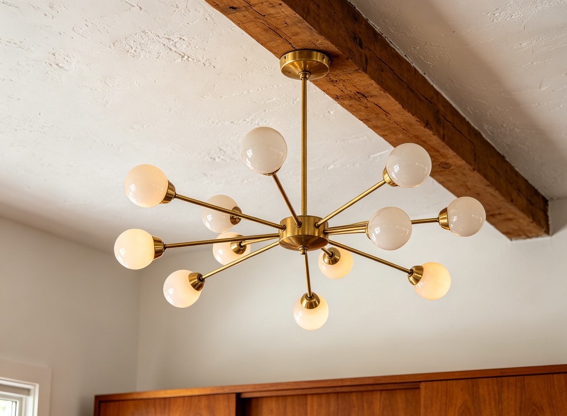 Mid-century modern living room with brass sputnik chandelier and teak accents