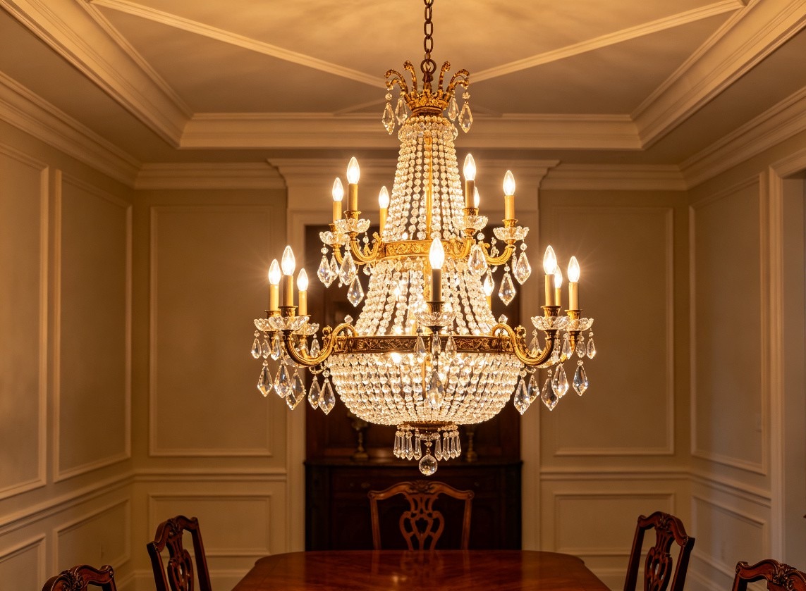 Traditional dining room with three-tier crystal chandelier and candle-style bulbs