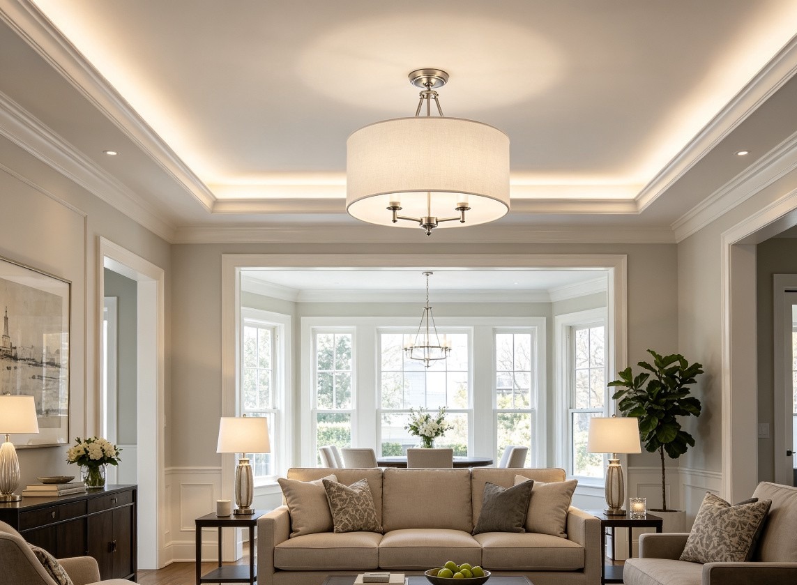 Transitional living room with concealed cove lighting and brass ring pendant